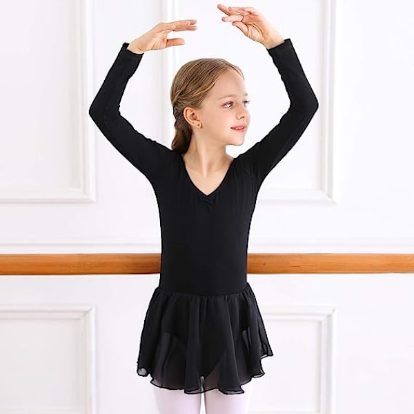 Flickor Långärmad Balett Leotards Dans Tutu Klänning Svart Black 120cm