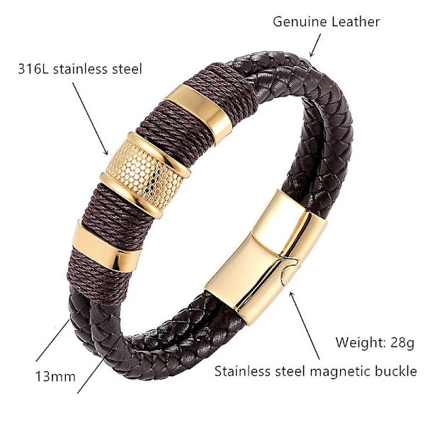 Flätad läderrep speciell stil klassiskt rostfritt stål herr läderarmband dubbellagersdesign B