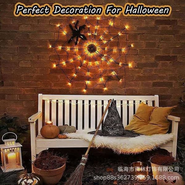 Halloween LED Spindelvev Lyslenke, 1,2m 70-LED USB-lys med Fjernkontroll, 8 Lysmoduser for Fest og Orange light