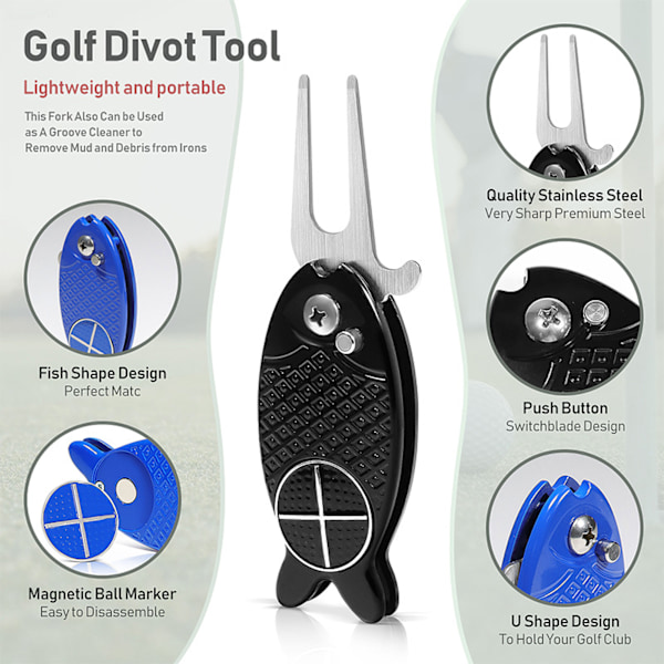 Fiskformet golf divot reparationsværktøj sammenklappelig pop-up knap magnetisk boldmarkør pitch mark letvægts bærbar mini Blue
