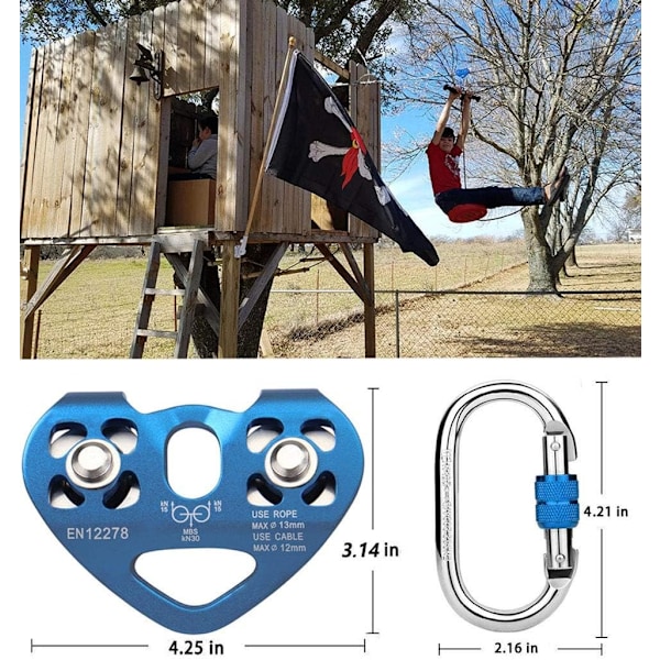 Klättertalja med dragkedja 30KN Dubbel tandemhastighet Dubbel vagn med 25kN karbinhake för 1/4 5/16 3/8 1/2 Räddningstalja Kabel