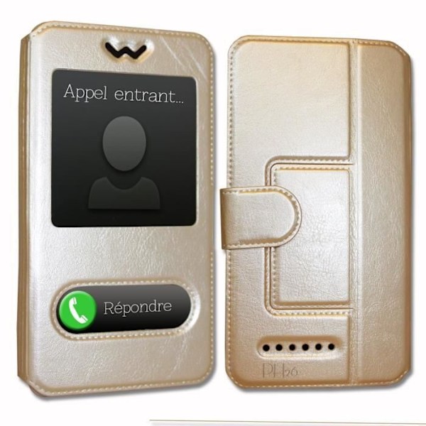 Alcatel 1 (2019) Extra Slim Gold Folio Case X 2 Windows in laadukkaasta orgaanisesta nahasta magneettilukolla ja tikkauksilla