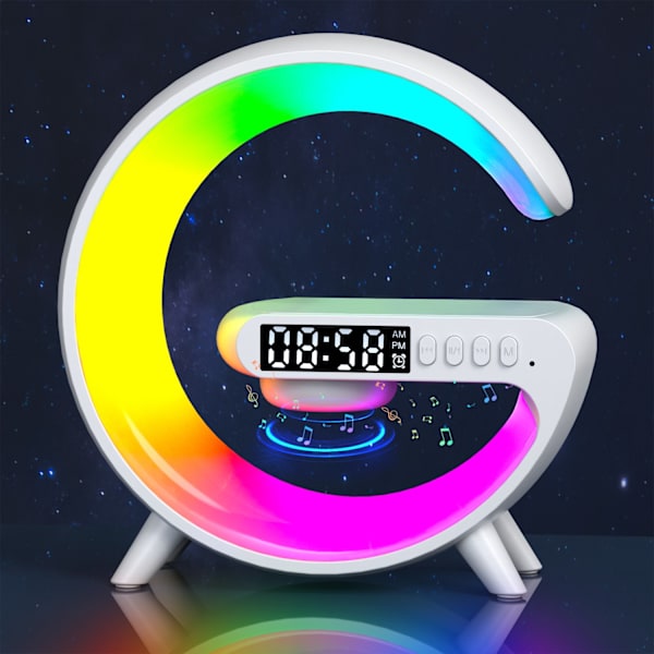 Multifunktionel trådløs opladningsplade stativ højttaler TF RGB natlys 15W hurtig opladningsstation til iPhone Samsung Xiaomi Huawei- Perfekt White