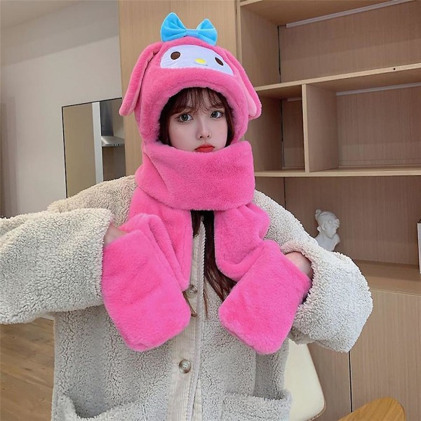 1 Kawaii Kuromi Mymelody Cinnamoroll Plyschmössa med halsduk mössa mössa vinter jul söt kaninmössa halsduk och handskar presenter till kvinnor flickor Rose Pink