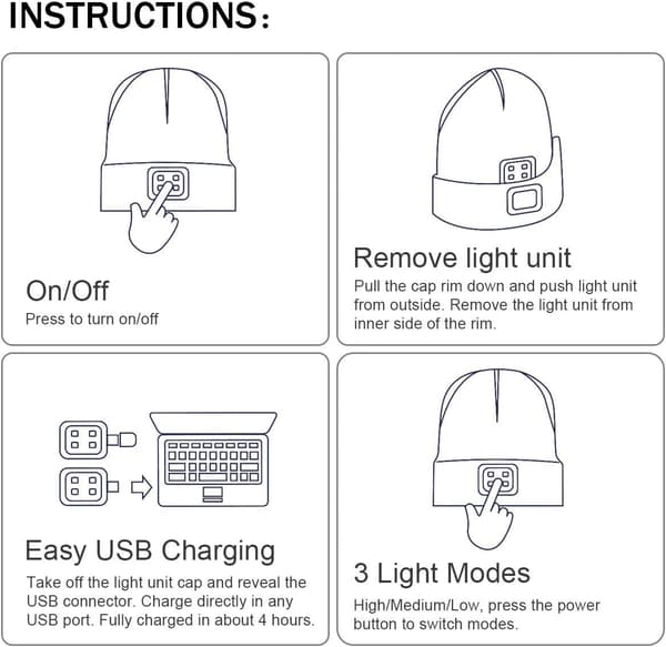 4 LED-hodelykt hatt opplyst USB-oppladbar handsfree hodelykt lue lampe erstatning