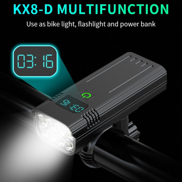 Pyörän valot eteen ja taakse yöajoon, 5200 mAh USB ladattava 8 LED polkupyörän valo, IPX5 vedenpitävä, Ominaisuus (KX8-D)