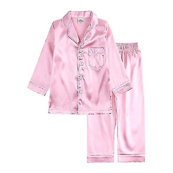 2-pak Børnepyjamas Silke Satin Ensfarvet Knap Pyjamas Rosa 140cm