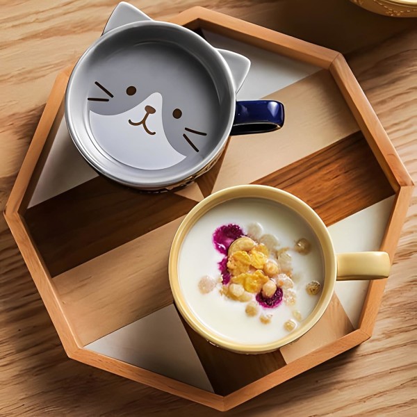 Söt mugg med lock, djur kaffekopp teservis set, födelsedagspresenter Alla hjärtans dag mors dag påsk julklappar (katt)