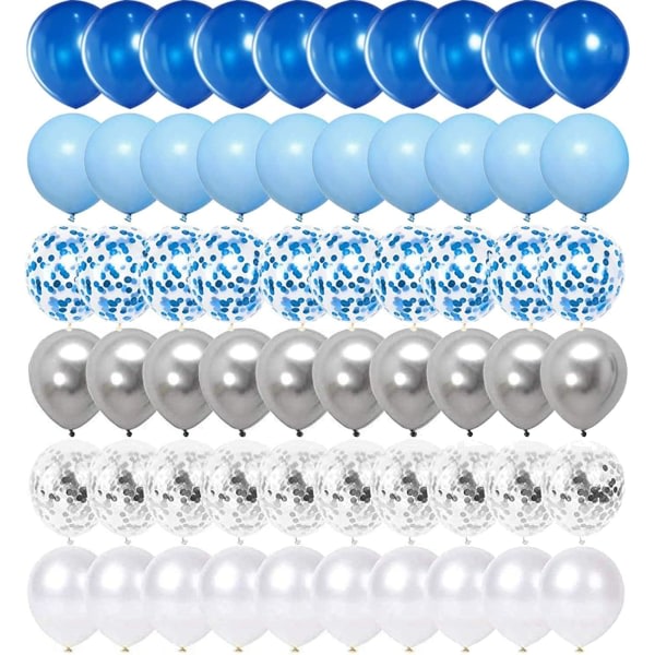 IC 62 stk. blå sølv hvide konfettiballoner, 12 tommer hvide kongeblå balloner metalliske sølvballoner blå sølv konfettiballoner
