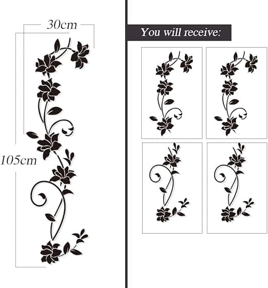 2 Set Väggdekaler 105*30cm Rankor Blomma Svart PVC Design Vägg S