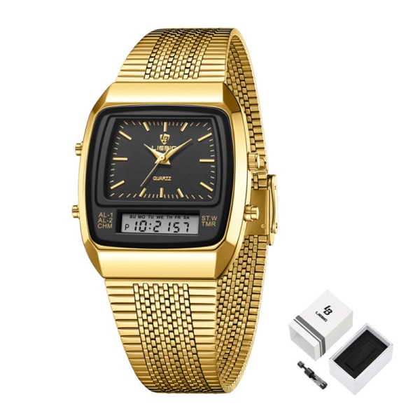 Nyt Fashion Casual Ur Mænds Digital Dual Time Uge Guld Sport 3bar Vandtæt Quartz Armbåndsur Ur relogio masculino L1030 Black with box