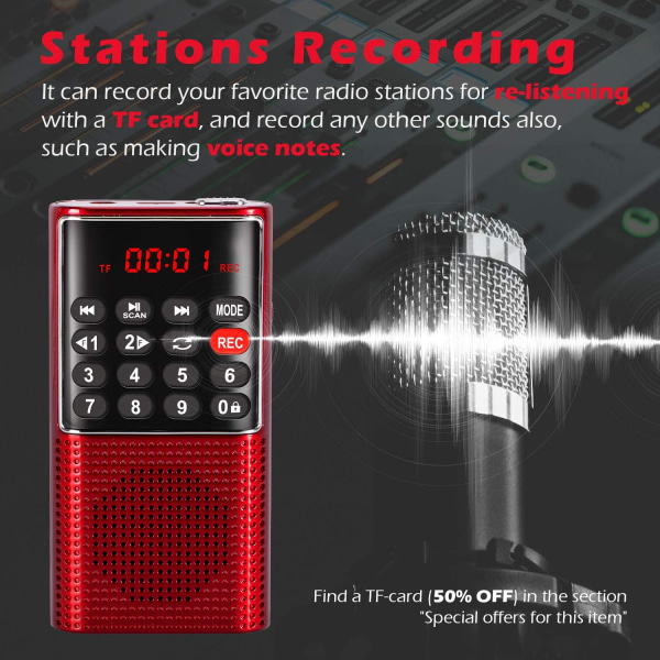Bærbar FM-radio med optager, mini digital lommeradio med SD/TF/AUX musikafspiller, lille radio ed