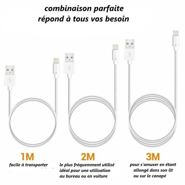 USB-laddningskabel 3M förstärkt sladd vit för iPhone 6 7 8 Plus X XS XR 11 Pro Max