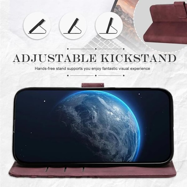 Etui til Xiaomi Redmi 12C-11A + 2 hærdet glas Rød læder-effekt præget terningmønster Folio etui med justerbart stativ