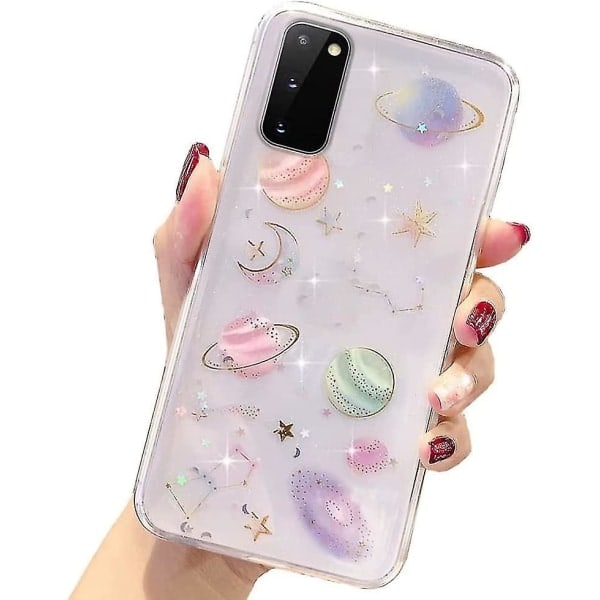 Jentete etui til Samsung Galaxy S21 5g Glitter etui Pen fint klart skinnende Sparkle Bling etui til jenter kvinner Planet stjerner design Myk TPU støtsikker C