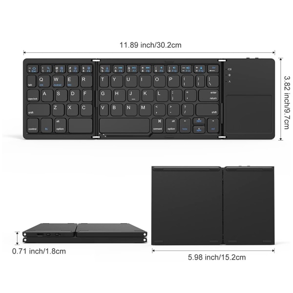 Tri-Fold Bluetooth-tastatur, Bluetooth bærbar mini trådløst tastatur med pekeplate-mus - Svart