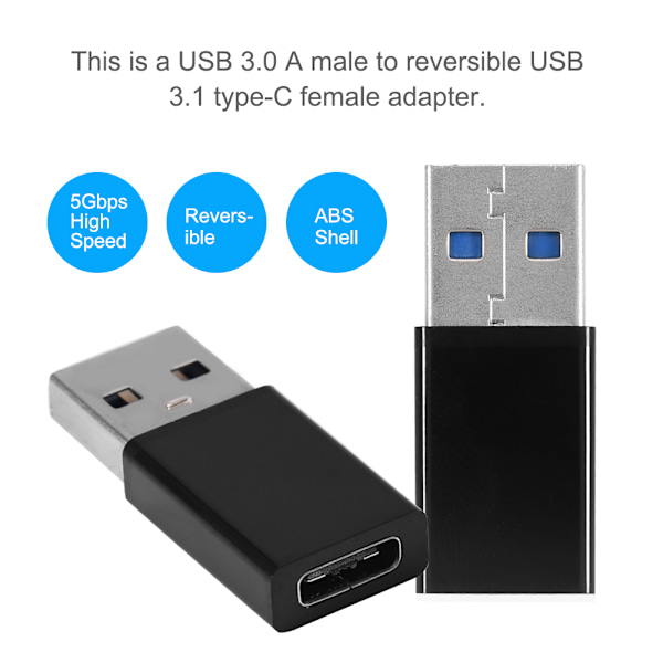 2 st USB 3.0 A hane till USB-C 3.1 typ C hona OTG data laddningsadapter omvandlare svart