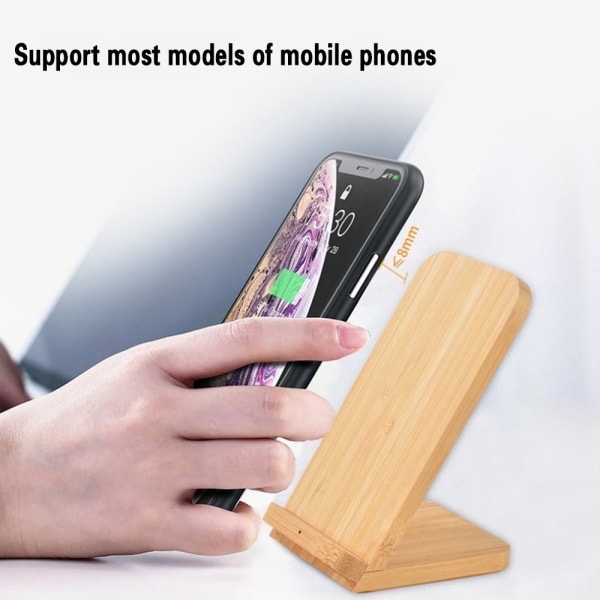 Trådløs bambuslader, Qi-ladestativ for iPhone 11/XR/XS Max/XS/X/SE 2020, 10W hurtiglading for Samsung Galaxy S20/S10/Note10/S9/S9+/S8+/Note 9