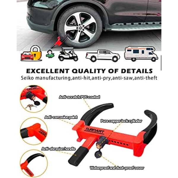 Turnart Heavy Duty Hjul Lås Universal Sikkerhet Tilhenger Hjul Lås Dekk Anti Tyveri for Bil ATV SUV Golf Vogn Motorsykkel God Avskrekkende Br Red-Black