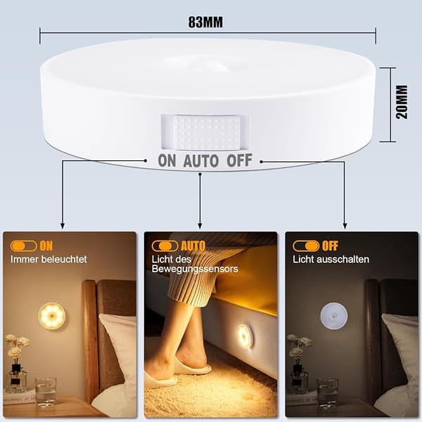 3-pack nattlampa med rörelsesensor, 8 LED batteridriven lampa Warm Yellow