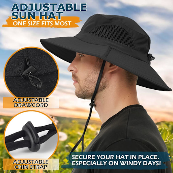 Unisex solhatt Vattentät Bred Brätte Bucket Hat Packable Boonie Hat för Fiske Vandring Trädgård Safari Strand Black
