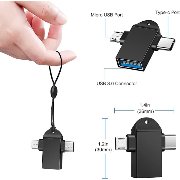 2-in-1 Micro USB/USB-C - USB 3.0 -sovitin kaapelilla (2-pakkaus), Seminer USB C - USB -sovitin, Micro - USB -muunnin A -sovitin, musta