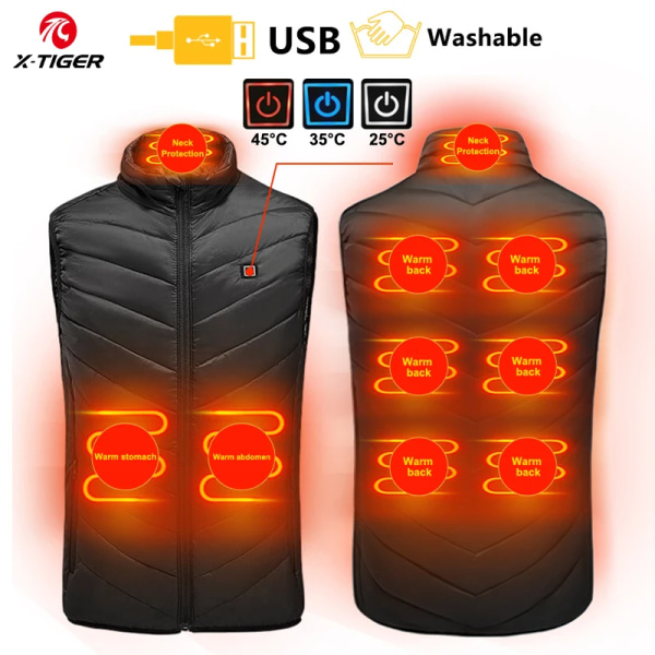 X-TIGER 9/2 Pladser Opvarmet Jakke Herre Dame USB Elektrisk Termisk Varm Jakke Vinter Udendørs Camping Vandring Opvarmet Vest 9Pcs Opvarmet 9Pcs Heated L