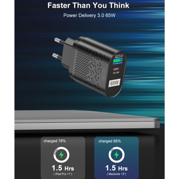 US/EU/UK/KR 65W GaN-laturi QC 3.0 USB PD seinälaturi Type C USB pikalaturi kannettavalle tietokoneelle puhelimelle Power Bank -sovittimelle