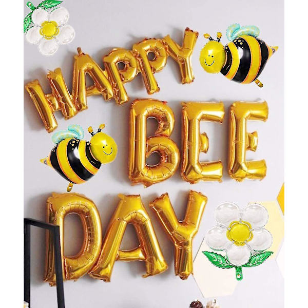 Ghyt Happy Bee Day Ballongsett - 32 tommer, Bieballong for søte bie-bursdagsdekorasjoner