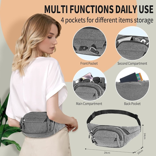 Midjeväska för kvinnor och män, resebälte för damer, midjeväska för löpning och promenader, vattentät midjeväska, justerbar crossbody Grey