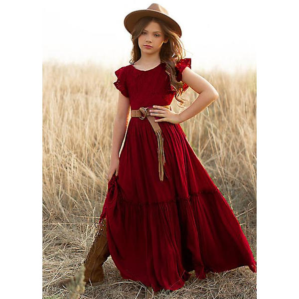 Plus Size Princess Flickor Bomull Spets Fest Tonåringar Långa Klänningar Baby Barn Blomsterflicka Bröllop Födelsedag Barnkläder För 6-14y Vinröd Wine Red 10