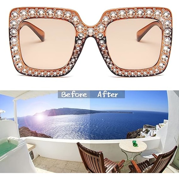 3 stycken oversized strass solglasögon, fyrkantiga neutrala diamo