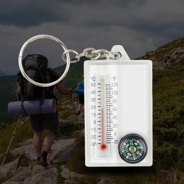 Liten kompass, termometer nyckelring mini fickstorlek nyckelring redskap, för camping, vandring white