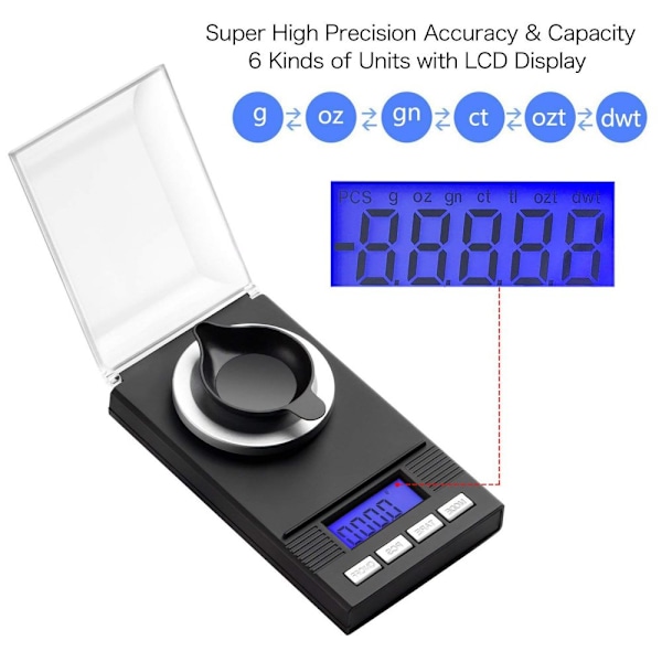 Digital fickvåg i milligram 50 g / 0,001 g med bakgrundsbelyst LCD-display, batteri ingår