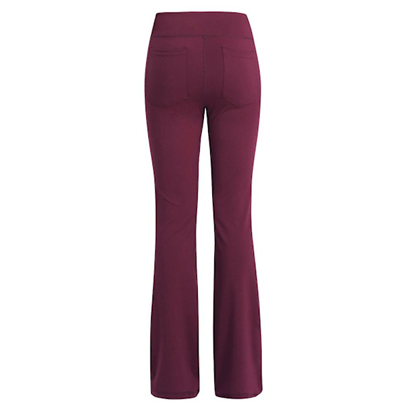 Kvinners ensfargede elastiske høye midje yoga bukser pustende komfortable full lengde vide ben bukser sommer casual flare bukser vinrød Wine Red M