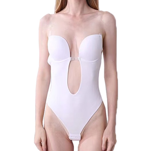 Dame Backless Shapewear Plunge V-hals Bodysuit Usynlig Shaper Hvid White M