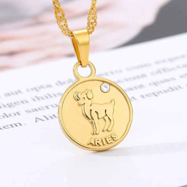 Disk Constellation Halskæde 12 Stjernetegn Sten Vedhæng Halskæde Kvinder Mode Horoskop Smykker Fødselsdagsgaver Guld Farve Gold Color Aries