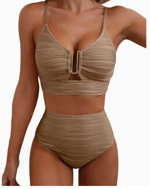 Bikini för kvinnor med V-ringning och utskärningar, högmidjad texturerad plisserad baddräkt S Light brown