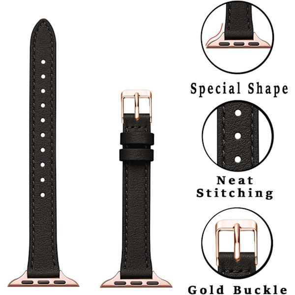 Slanke læderremme kompatible med Apple Watch Band 38 mm sort med rosaguld Black with Rose Gold 42mm/44mm/45mm/49mm