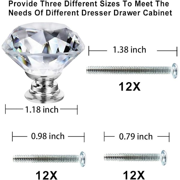 12 st Kristallknoppar - Lådknoppar Kommodknoppar 30mm Glas Diamantknoppar Drag