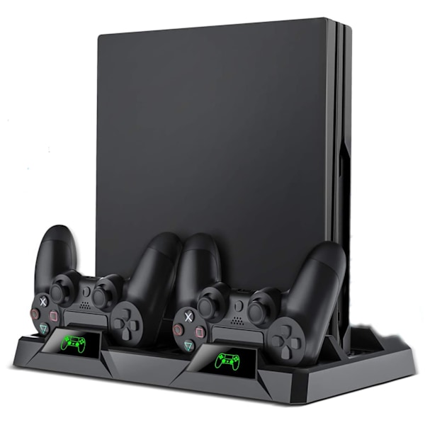 PS4 vertikalstativ, alt-i-ett PS4 vertikalstativ holder vifte for Playstation 4 Pro/Slim, PS4 kontroller ladestasjon