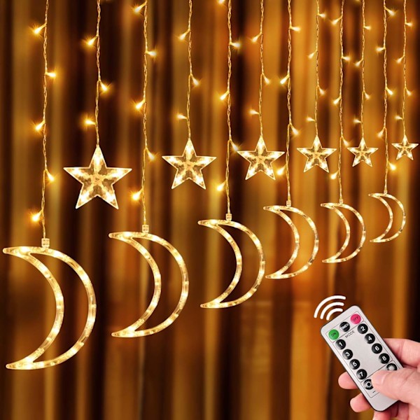 LED Stjerne Måne Gardinlys til Ramadan Dekoration, USB Drevet Eid Mubarak Fe Lys til Indendørs, Bryllup, Fest, Soveværelse, Terrasse Græs Ramadan Home Decoration (8 modes)