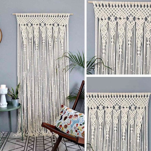 Macramé väggbonad i tyg, macramé dörrhängande boho väggdekoration