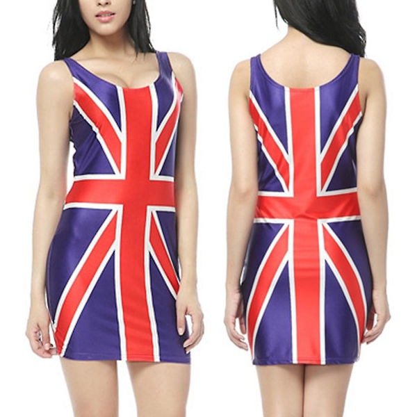 Damklänning Union Jack, röd vit och blå Union Jack Flag klassiska ärmlösa miniklänningar, kungens kröningsfestklänning