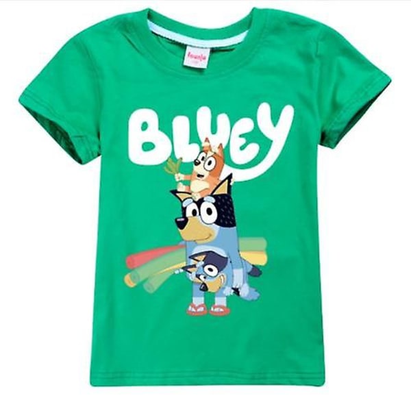 2023 Bluey Tryck T-shirt Korta Ärmar 100% Bomull Tees Julgåvor För Barn Grön Green 110CM 3-4Y