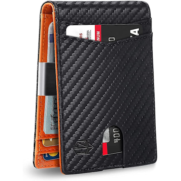 Men's Slim Wallet with Large Capacity 12 Compartments Rfid Blocking Carbon Fiber Black + Orange Hk