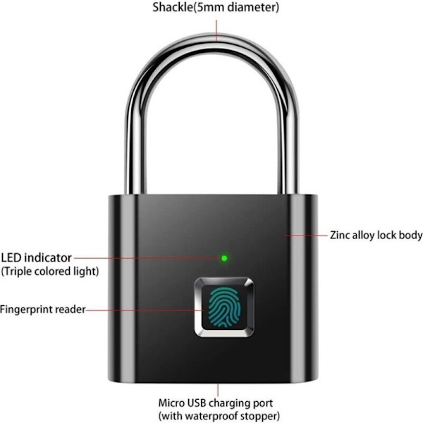Fingeravtryckslås, IP67 Vattentät Säkerhetsnyckellös Säkerhet USB Uppladdningsbart Lås för Inomhus- och Utomhusbruk, Svart MNS