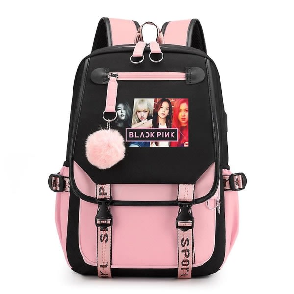 2022 skolväska bokväska med USB laddning och hörlursport (svart rosa) Svart rosa ryggsäck Laptopväska