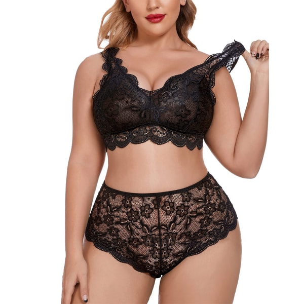 Damer Plus Size Sexy BH Truser Nattøy Pyjamas Undertøy Sett Svart black 2XL