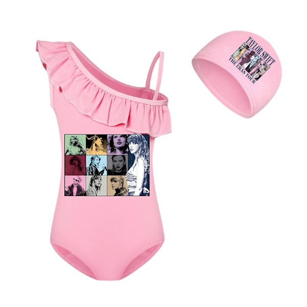 Børne Taylor Swift Ruffle Badetøj Piger Endelt Badetøj Badetøj Med Badehætte Pink Pink 7-8 Years